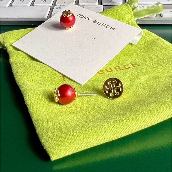 Tory Burch Red Enamel Round Logo Stud Earrings With Gold Accents - Picture 5 of 5